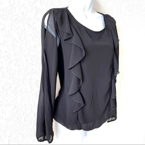 BCX black chiffon ruffle blouse sheer sleeves hidden elastic waist Sz M - Picture 2 of 12